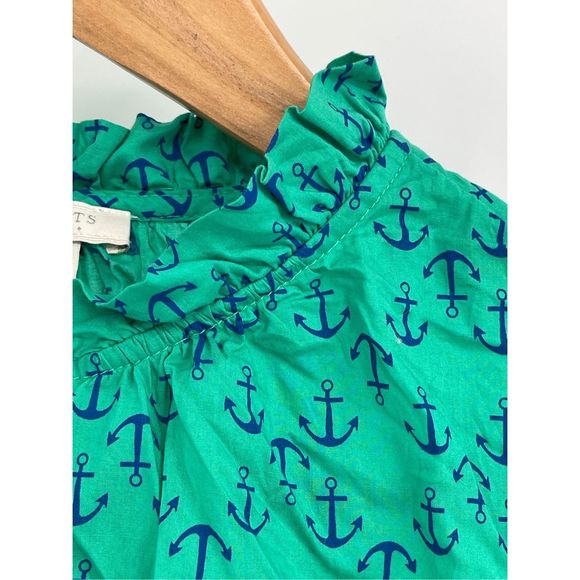 Talbots Tank Top Women Small Petite Green Blue Anchor Ruffle Neck Button Up - Picture 4 of 12